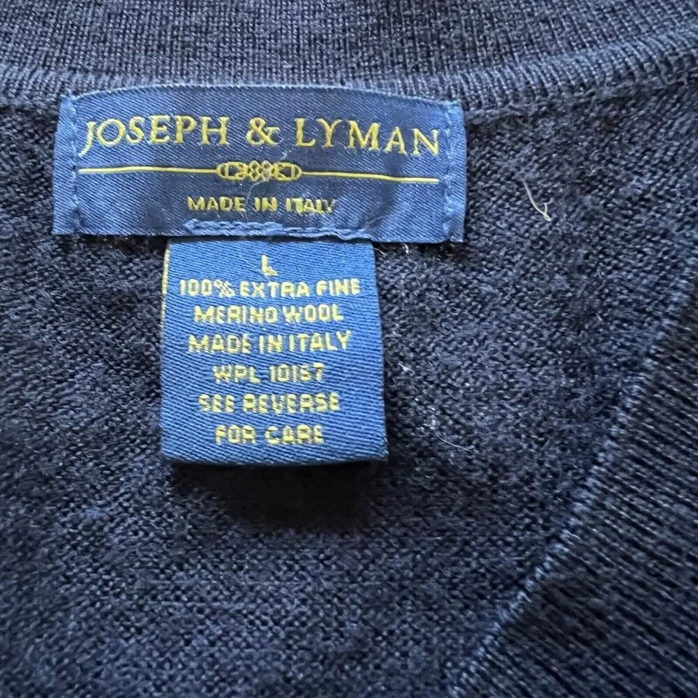 Joseph & Lyman Vest Sweater Men Size Large Blue Knit Merino Wool V-Neck Pullover